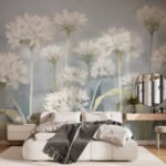 Papier peint – Ombelles blanches sur fond bleu doux