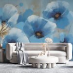 Papier peint – Fleurs bleu vif sur fond aquarellé