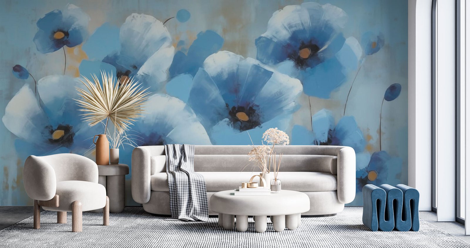w03233pig1r.jpg Papier peint – Fleurs bleu vif sur fond aquarellé – Image 1