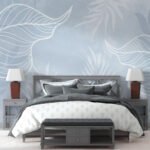 Papier peint – Feuilles blanches aux nervures fines sur fond bleu