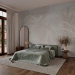 Papier peint – Feuilles au trait blanc sur fond beige