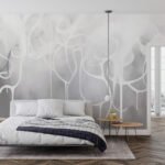 Papier peint – Fleurs blanches au trait sur fond gris doux