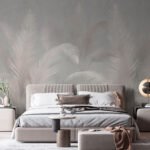 Papier peint – Feuilles rose pâle sur fond gris