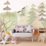 Papier peint – Forêt pastel et montagnes illustrées – W03257