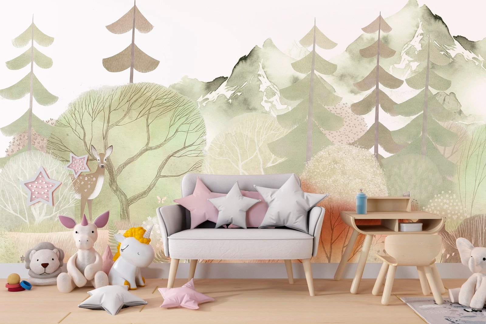 w03257pir68mr.jpg Papier peint – Forêt pastel et montagnes illustrées – W03257 – Image 1