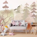 Papier peint – Forêt pastel et montagnes illustrées – W03257V1