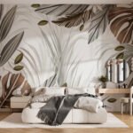 Papier peint – Feuilles brunes et crème stylisées