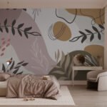 Papier peint – Feuilles noires et formes pastel