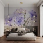 Papier peint – Iris mauves sur fond gris