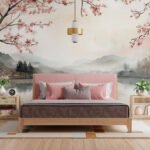 Papier peint – Branches roses et montagnes brumeuses