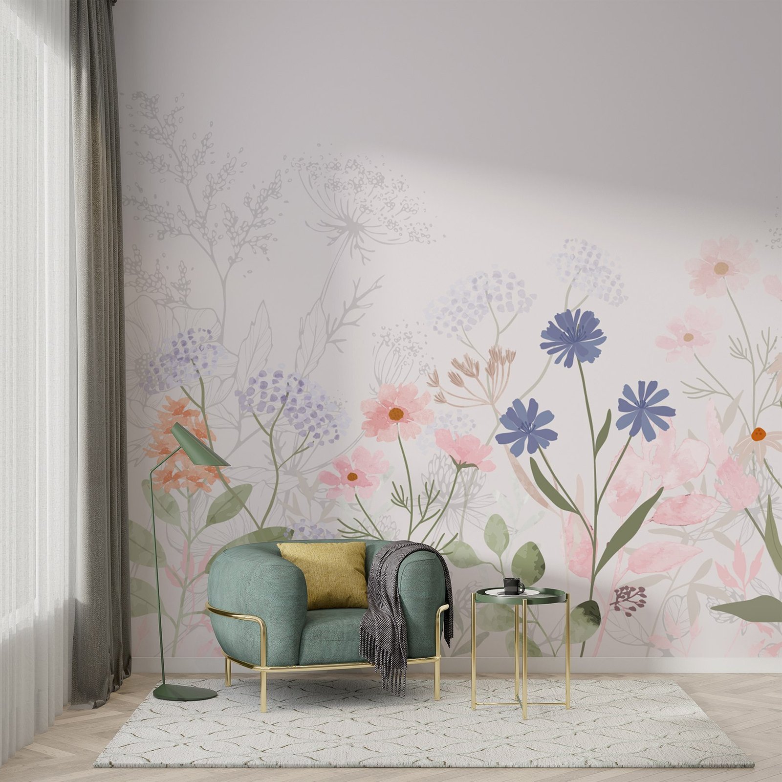 w03293pig11ms.jpg Papier peint – Fleurs champêtres multicolores au trait – Image 1