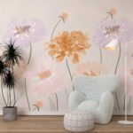 Papier peint – Fleurs champêtres pastel et orange