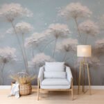Papier peint – Ombelles blanches sur fond bleu pastel