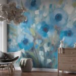 Papier peint – Fleurs bleues et touches jaune doré