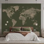Papier peint – Carte du monde beige sur fond kaki