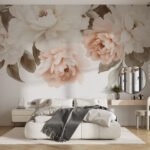 Papier peint – Pivoines roses et crème sur fond clair