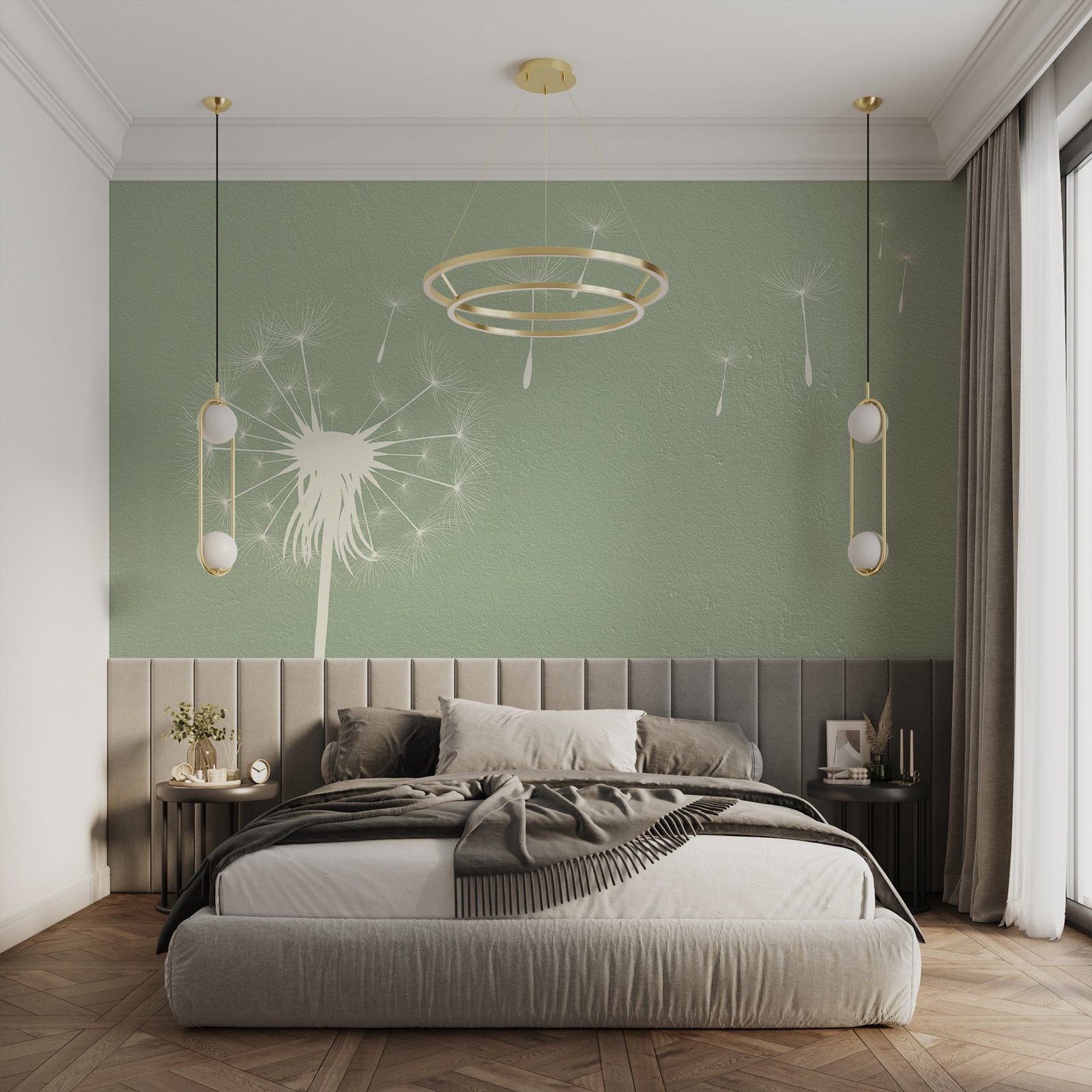 w03318v1pib1ms.jpg Papier peint – Pissenlits blancs sur fond vert – Image 1