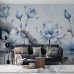 Papier peint – Fleurs bleues stylisées et feuillage