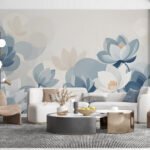 Papier peint – Fleurs bleues et blanches stylisées