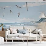 Papier peint – Oiseaux au-dessus de la mer et des dunes