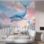 Papier peint – Baleine bleue dans un ciel pastel