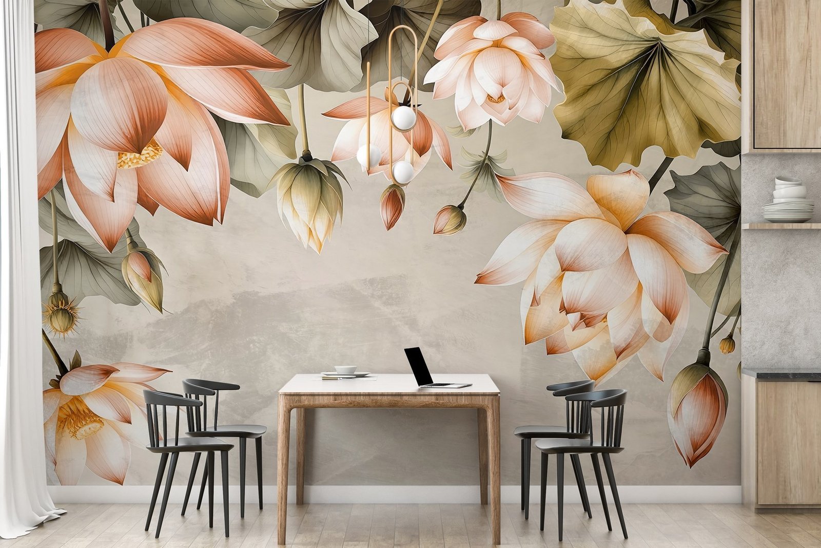 w03340pik16r.jpg Papier peint – Fleurs orangées et feuillage olive – Image 1