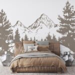 Papier peint – Montagnes et sapins bruns sur fond blanc