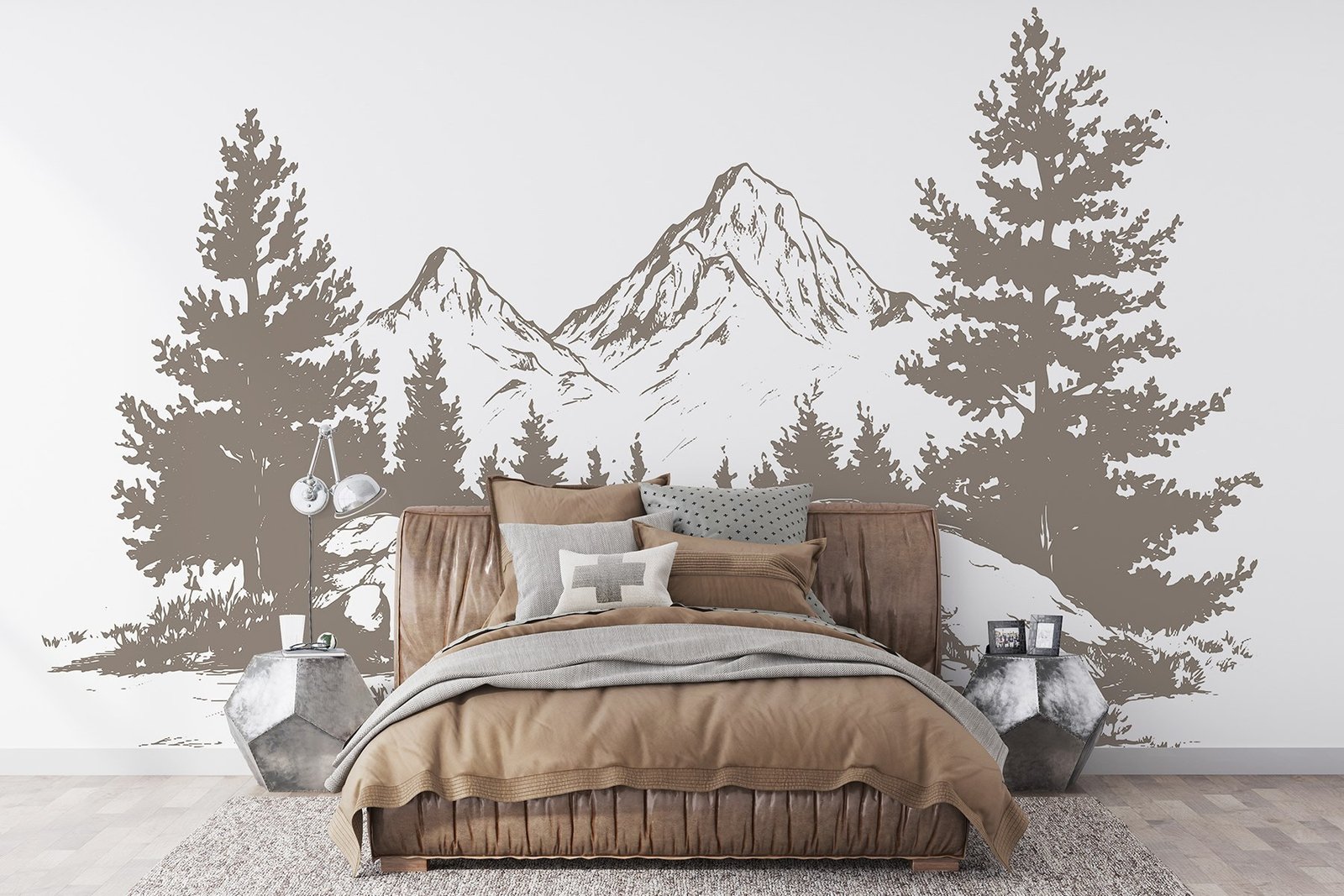 w03342pib8r.jpg Papier peint – Montagnes et sapins bruns sur fond blanc – Image 1