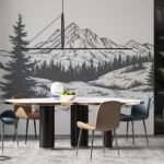 Papier peint – Montagne enneigée et sapins en noir et blanc