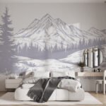 Papier peint – Montagne enneigée et sapins mauves