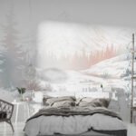 Papier peint – Paysage montagneux pastel et conifères