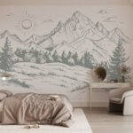 Papier peint – Montagnes et sapins au trait sur fond beige