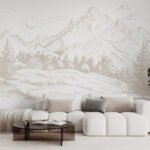Papier peint – Montagnes et sapins au trait beige