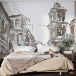 Papier peint – Rue ancienne et bâtiments dessinés