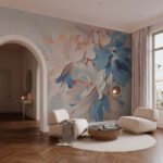 Papier peint – Fleurs pastel bleues et orangées