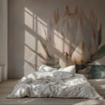 Papier peint – Protea beige et feuillage vert