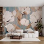 Papier peint – Fleurs blanches sur fond bleu grisé