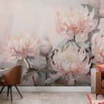 Papier peint – Chrysanthèmes roses sur fond clair
