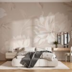 Papier peint – Fleur blanche en relief sur fond beige