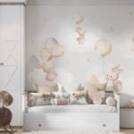 Papier peint – Lapins et ballons pastel sur fond clair