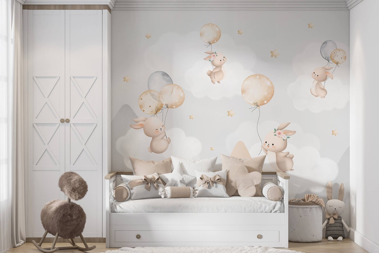 w03375v1pir11r.jpg Papier peint – Lapins et ballons pastel sur fond clair – Image 1