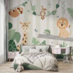 Papier peint – Animaux de la savane sur fond vert pastel