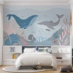 Papier peint – Baleines bleues et coraux pastel – W03378