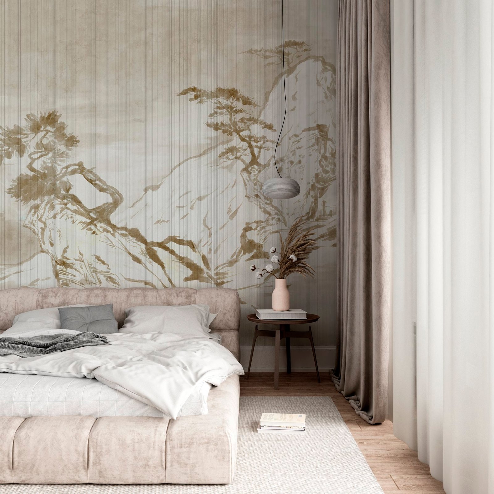 w03379pib19ms.jpg Papier peint – Branches vertes sur fond beige texturé – Image 1