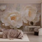 Papier peint – Pivoines crème sur fond beige