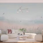 Papier peint – Prairie pastel et oiseaux sous ciel bleu