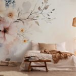Papier peint – Fleurs crème aux cœurs orangés sur branches