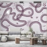 Papier peint – Lignes en boucles mauves et fleurs