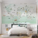 Papier peint – Carte du monde illustrée sur fond vert pastel