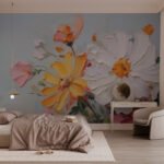 Papier peint – Fleurs blanches et orange sur fond gris